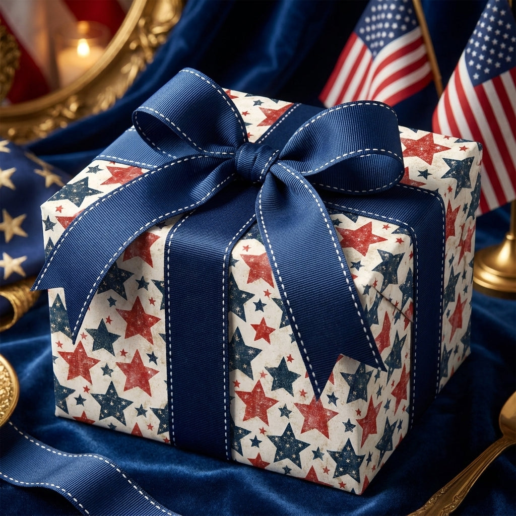 Patriotic star wrapping paper with blue ribbon for 4th of July by Wrapped Studios.