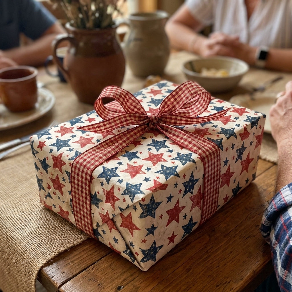 Patriotic star wrapping paper with a red gingham bow on a rustic gift box by Wrapped Studios.