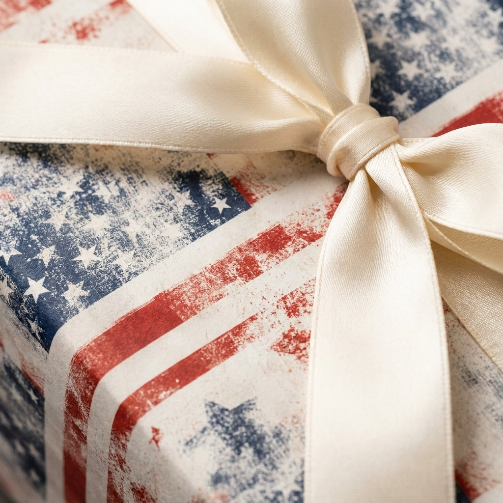 Vintage American flag wrapping paper with cream satin bow by Wrapped Studios. Patriotic gift wrap.