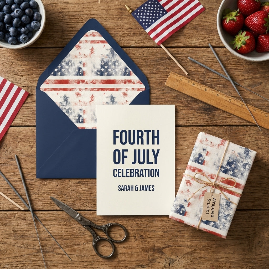Patriotic 4th of July wrapping paper with rustic American flag pattern on a gift box by Wrapped Studios.