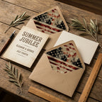 Vintage American flag envelope liners and 4th of July invitations on rustic wood by Wrapped Studios.