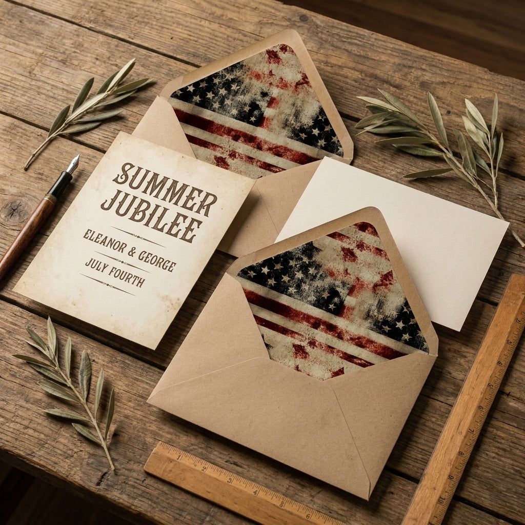 Vintage American flag envelope liners and 4th of July invitations on rustic wood by Wrapped Studios.