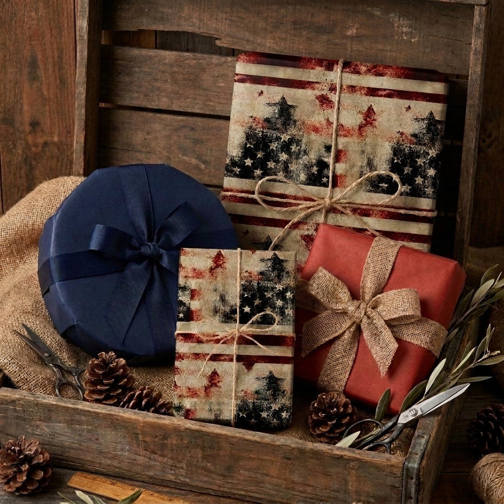 Vintage American flag wrapping paper on gifts with rustic twine and burlap by Wrapped Studios.