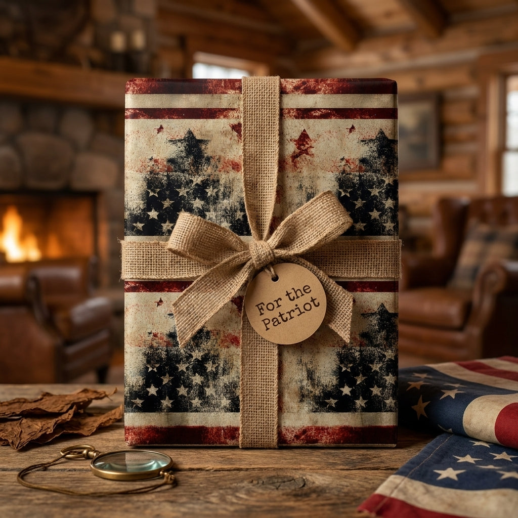 Rustic patriotic wrapping paper with American flag Christmas trees and burlap bow by Wrapped Studios.