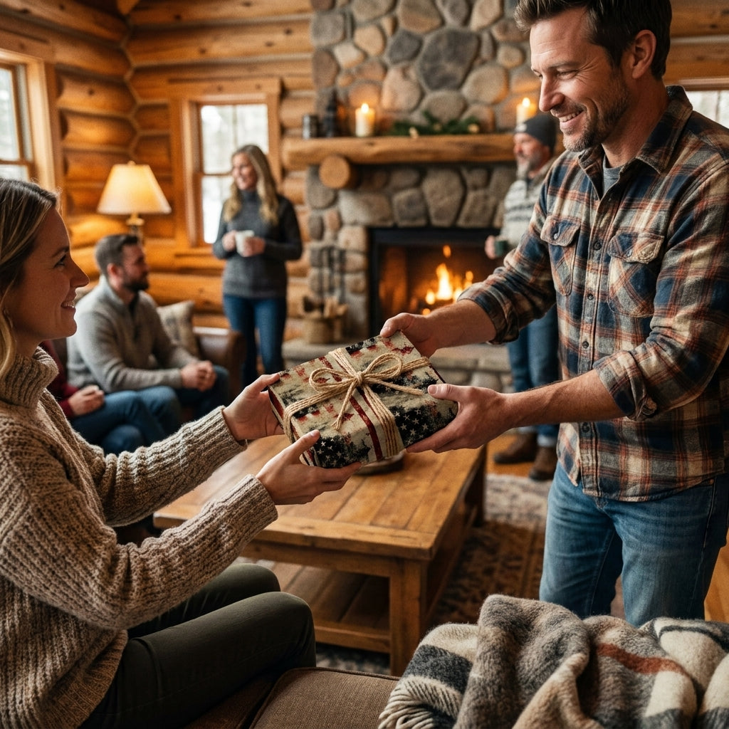 Couple exchanging a present in rustic Christmas gift wrap with twine by Wrapped Studios in a cozy cabin.