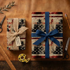 Rustic patriotic wrapping paper with American flag Christmas trees by Wrapped Studios.