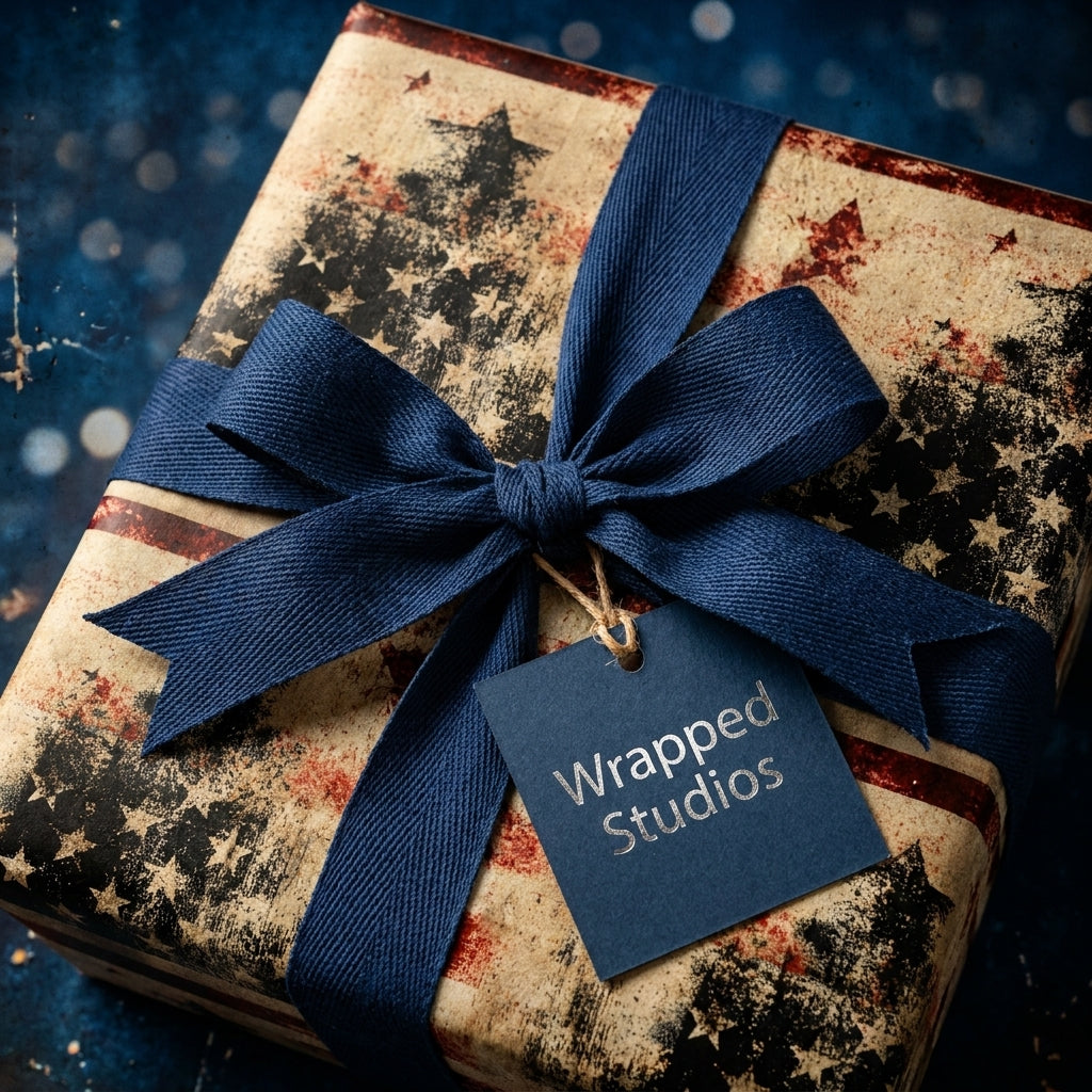 Vintage patriotic American flag wrapping paper with a navy blue bow by Wrapped Studios.