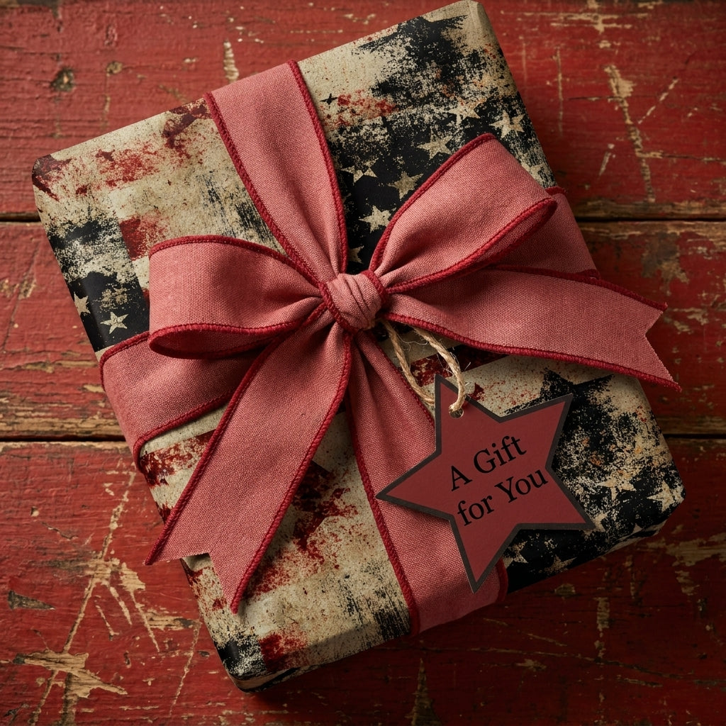 Vintage American flag wrapping paper with a rustic red bow and star gift tag, by Wrapped Studios.