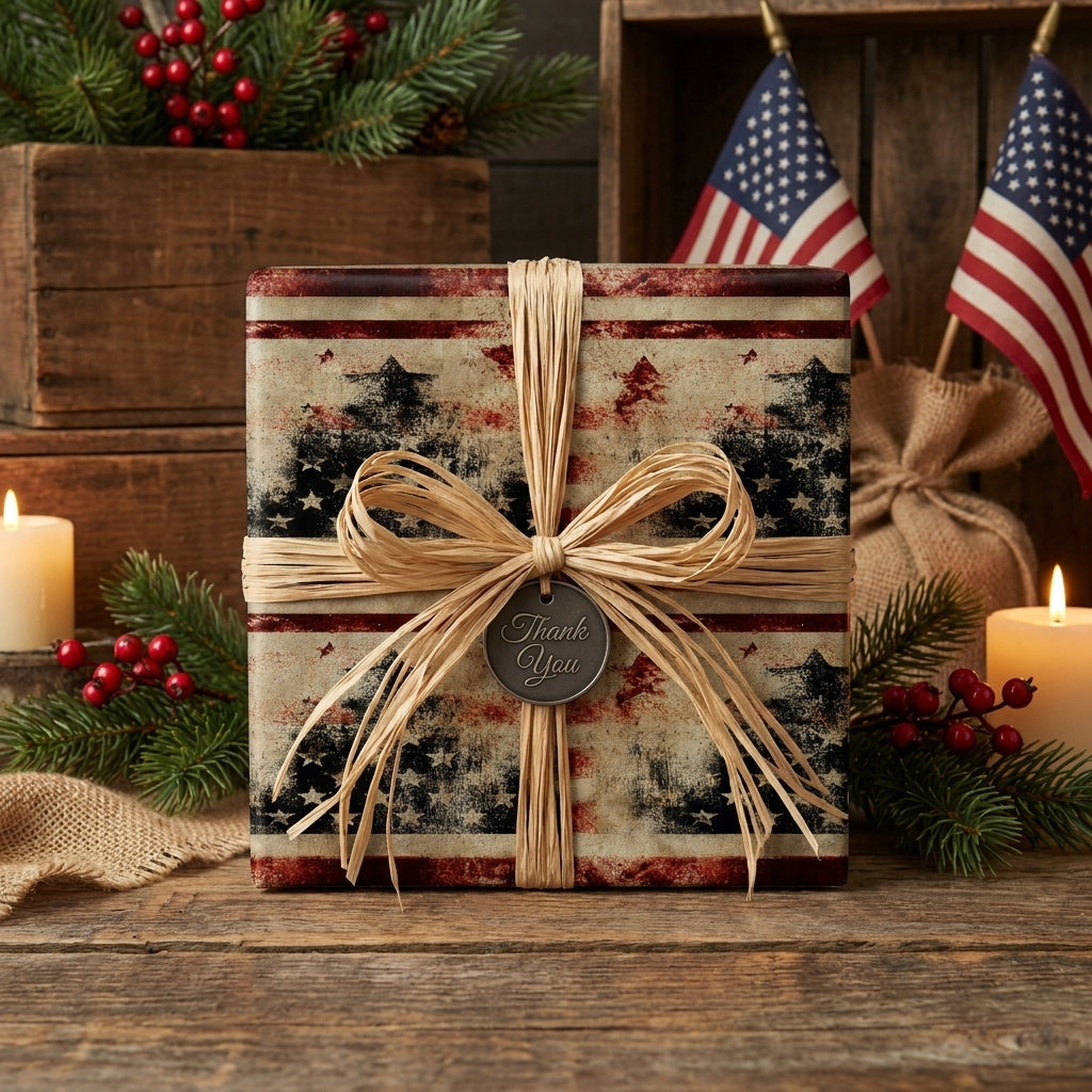 Rustic patriotic wrapping paper with a vintage American flag pattern and raffia bow by Wrapped Studios.
