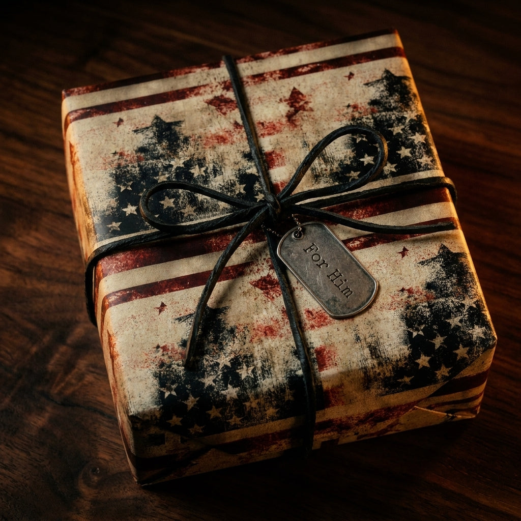 Vintage American flag wrapping paper on a gift box with a black cord bow and For Him tag by Wrapped Studios.