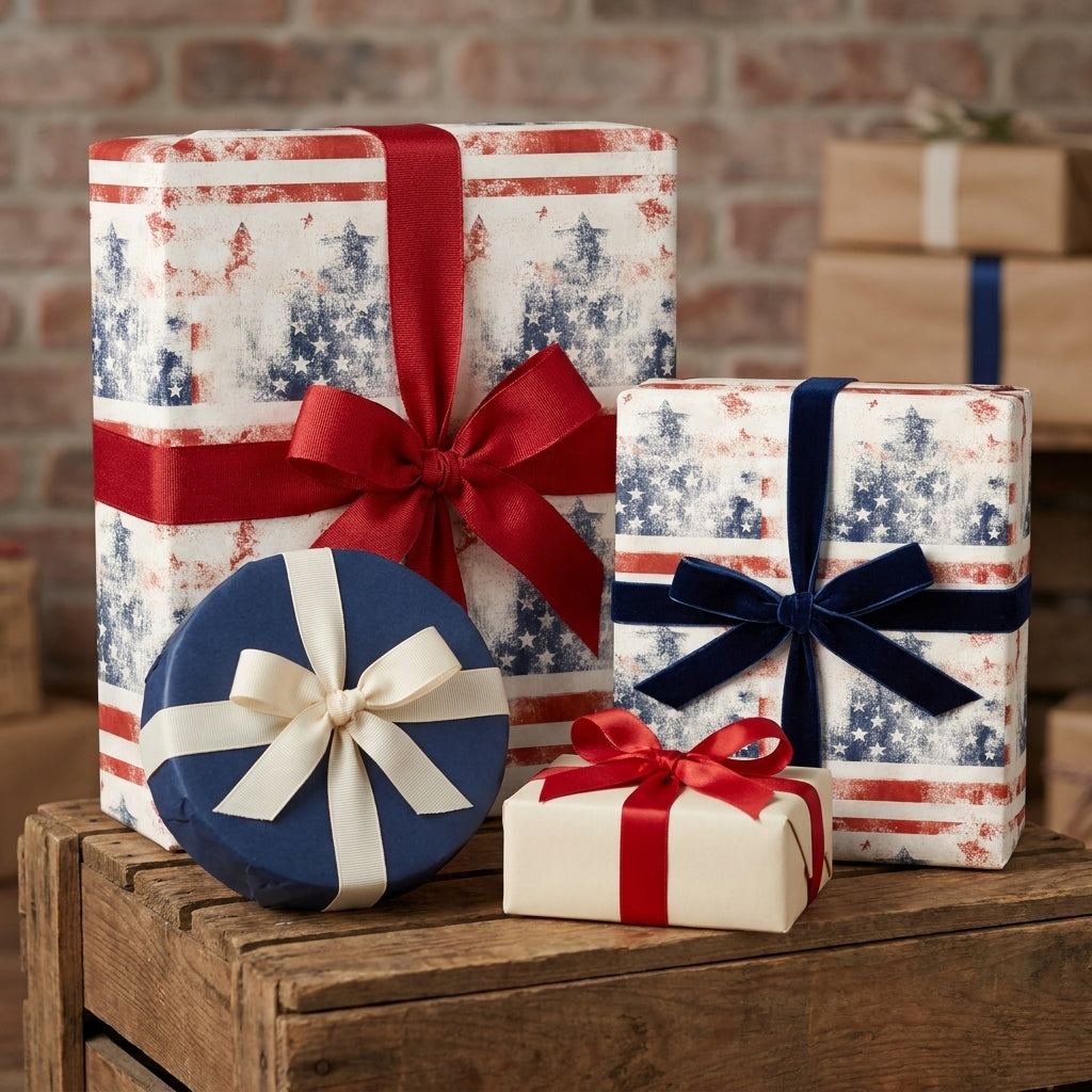 Patriotic Christmas wrapping paper with red and blue star tree patterns by Wrapped Studios.