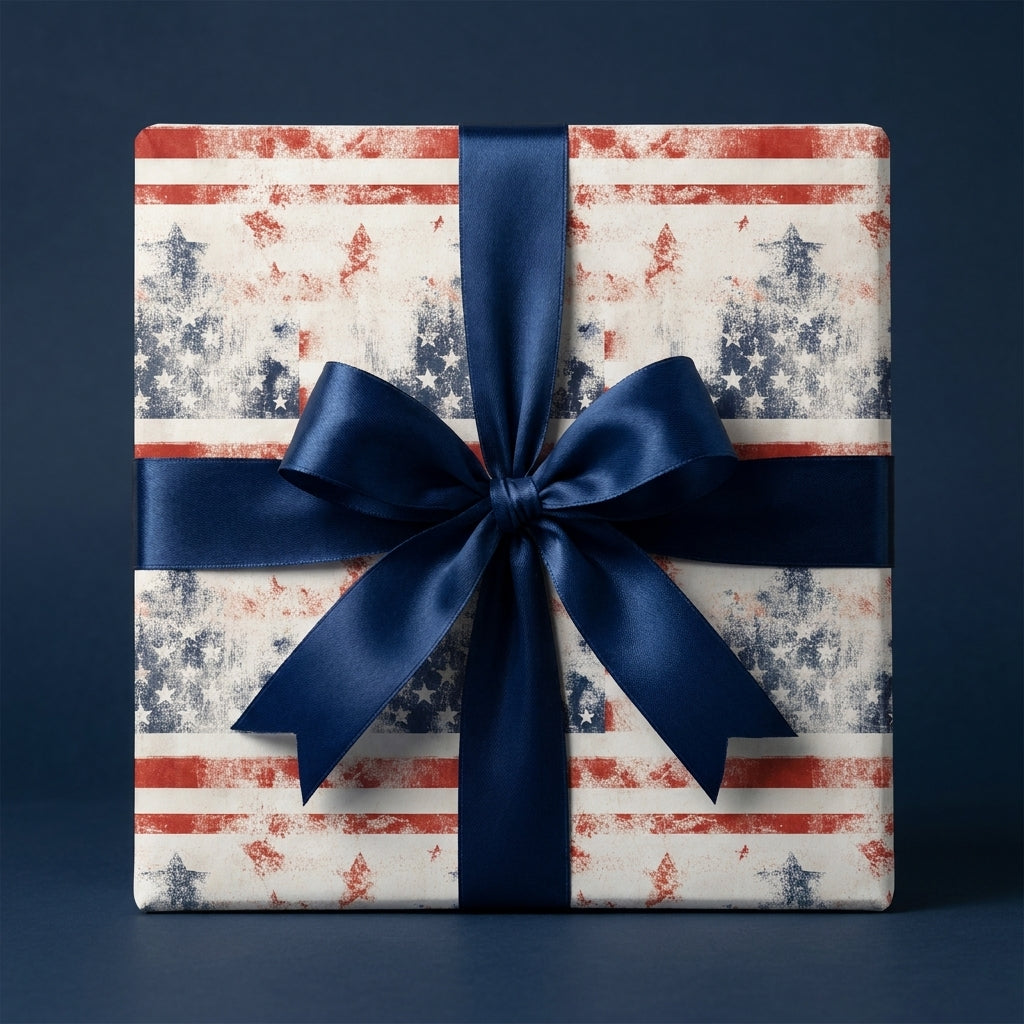 Patriotic American flag wrapping paper with a vintage distress pattern and navy satin bow by Wrapped Studios.