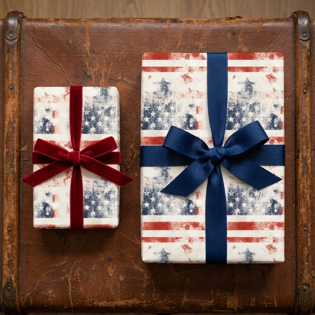 Patriotic American flag wrapping paper with red and blue bows on a vintage suitcase by Wrapped Studios.