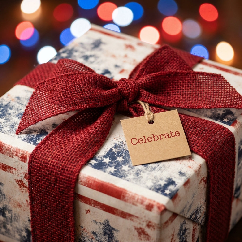 Patriotic 4th of July wrapping paper with red burlap bow and 'Celebrate' tag by Wrapped Studios.