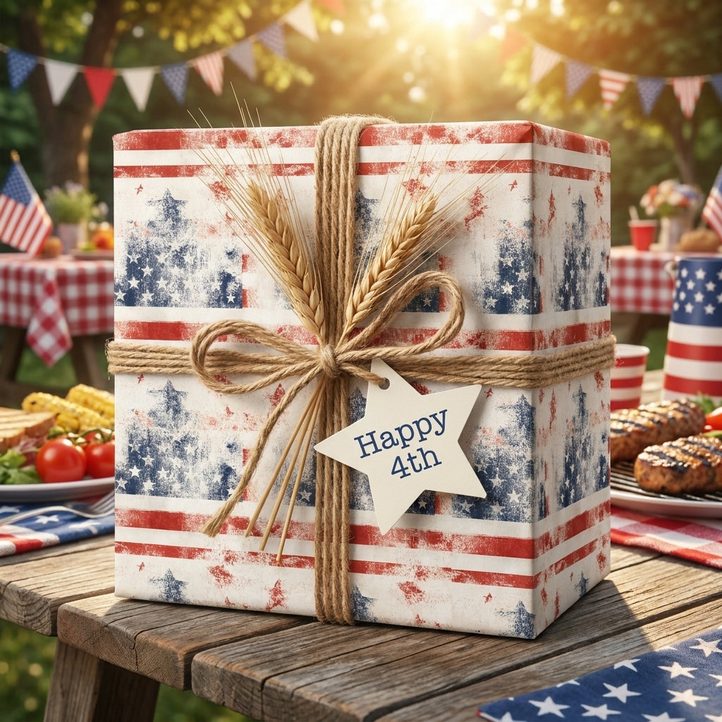 Patriotic 4th of July wrapping paper with a rustic twine bow and star tag, Wrapped Studios.