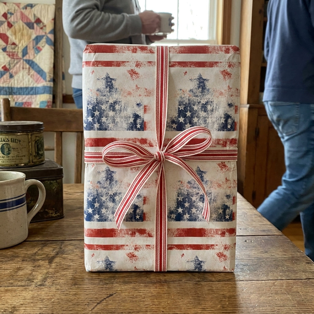 Vintage patriotic American flag wrapping paper with red striped ribbon on a rustic table by Wrapped Studios.