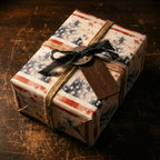 Vintage American flag wrapping paper on a rustic gift with twine and a leather tag by Wrapped Studios.