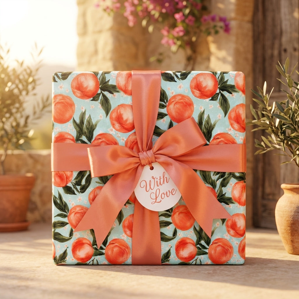 Luxury peach wrapping paper with a coral satin bow and 'With Love' tag by Wrapped Studios.