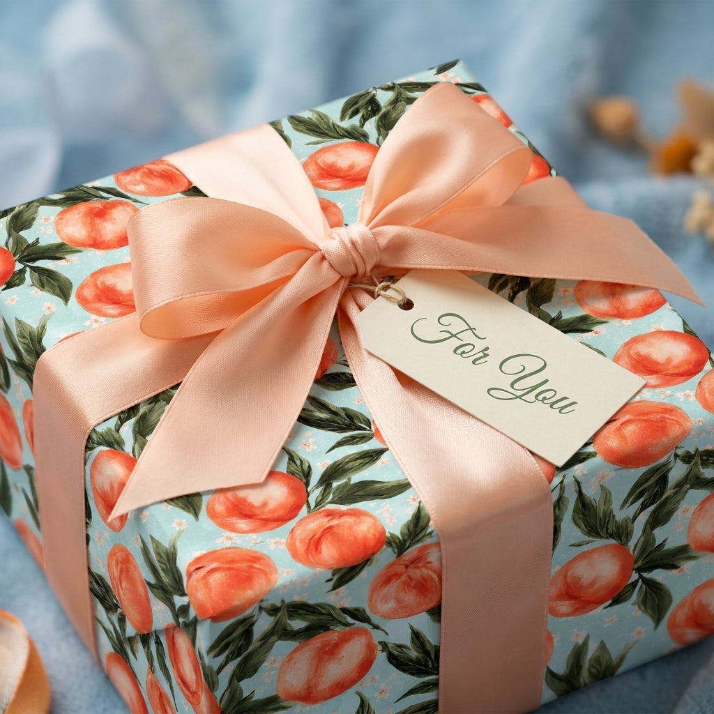 Peach pattern wrapping paper with a peach satin bow and "For You" tag on a gift box by Wrapped Studios.