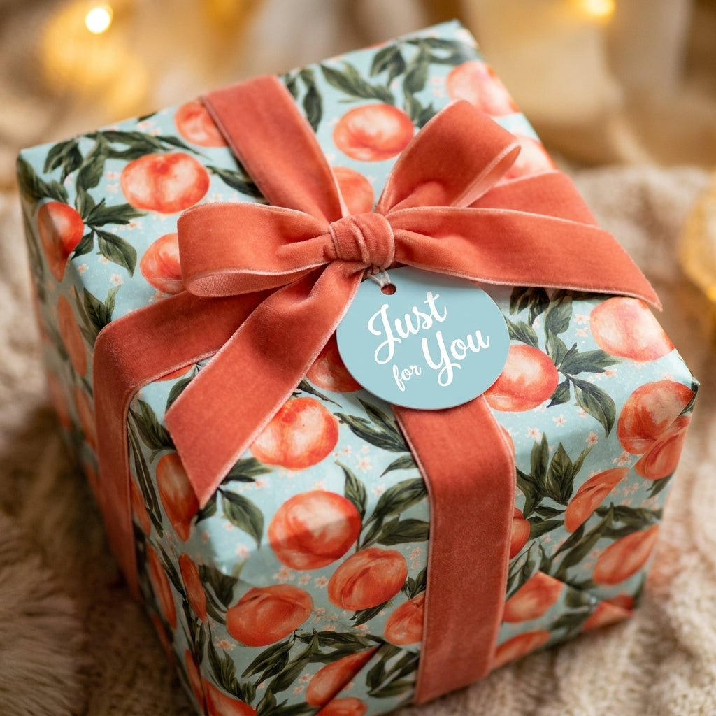 Peach botanical wrapping paper with a coral velvet bow on a luxury gift box from Wrapped Studios.