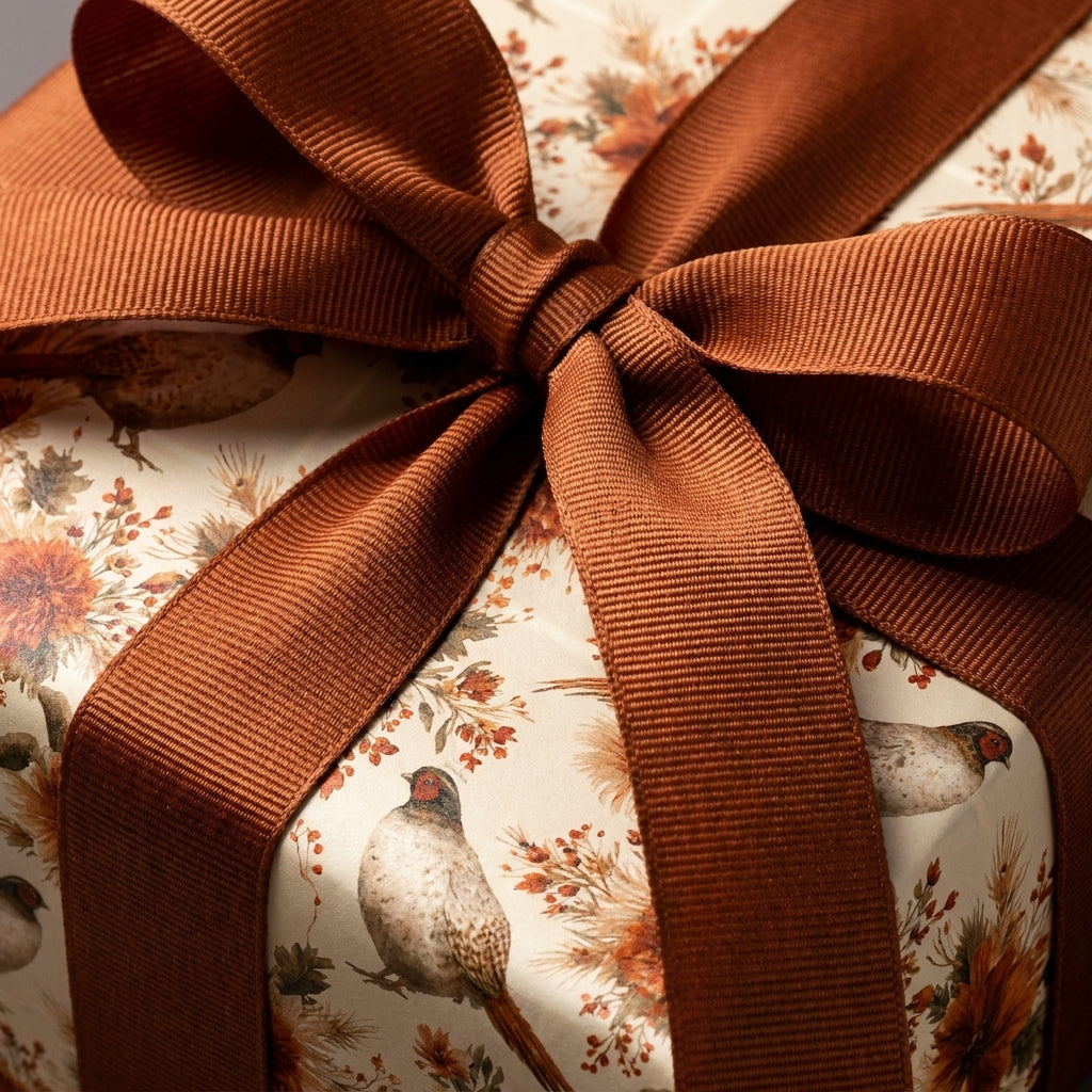 Vintage pheasant wrapping paper with a brown grosgrain ribbon bow on a luxury gift by Wrapped Studios.