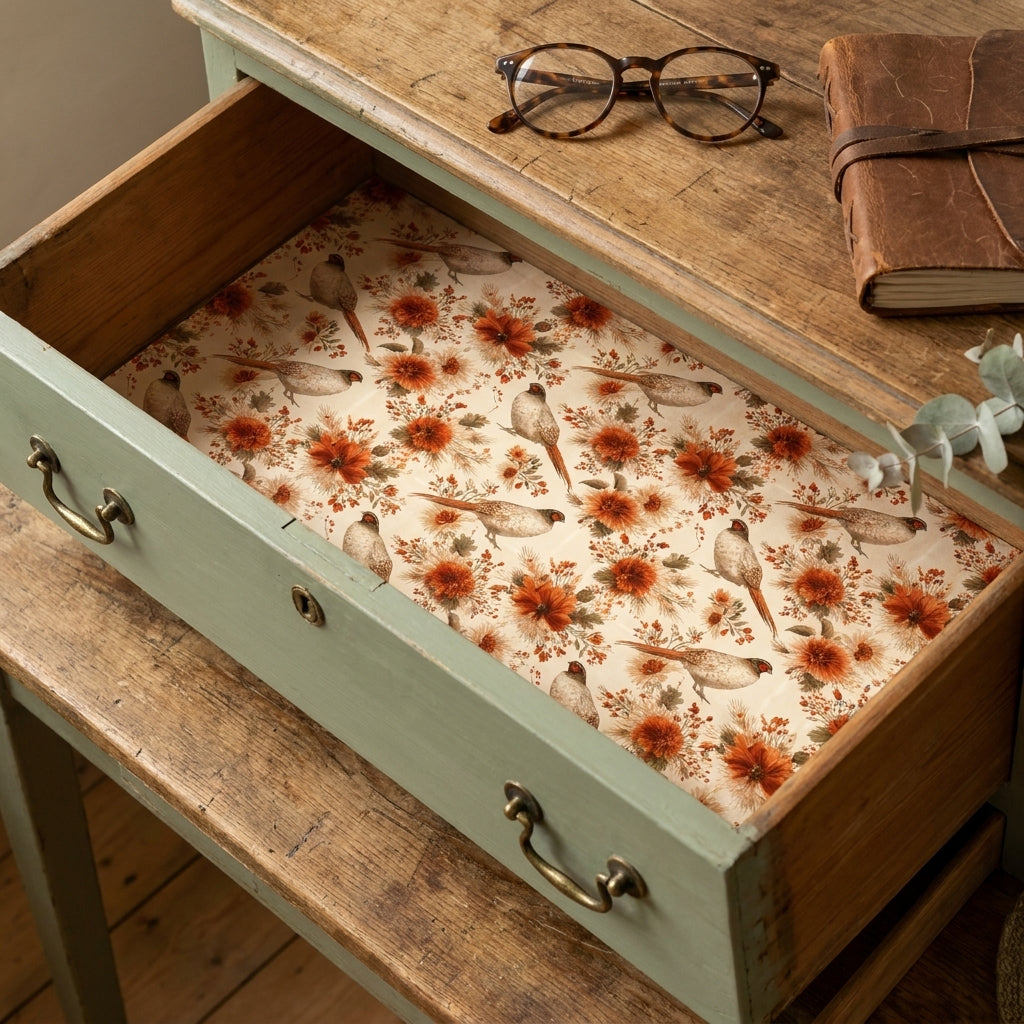 Vintage pheasant and floral wrapping paper used as a rustic drawer liner by Wrapped Studios.