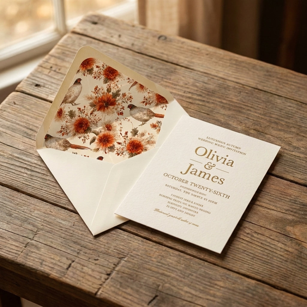 Rustic autumn wedding invitation with vintage floral and pheasant envelope liner by Wrapped Studios.