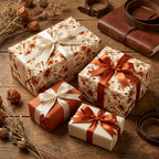 Vintage pheasant and floral wrapping paper with satin ribbons on gift boxes by Wrapped Studios.