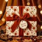 Luxury autumn wrapping paper with pheasants, floral patterns, and a rust velvet bow by Wrapped Studios.