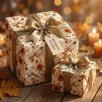 Rustic pheasant wrapping paper with gold ribbon on autumn gift boxes by Wrapped Studios.