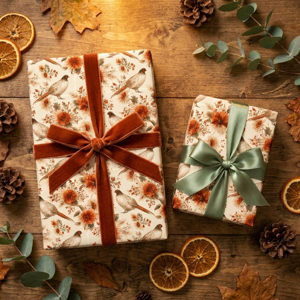 Vintage pheasant wrapping paper with velvet ribbons on a rustic wood background by Wrapped Studios.