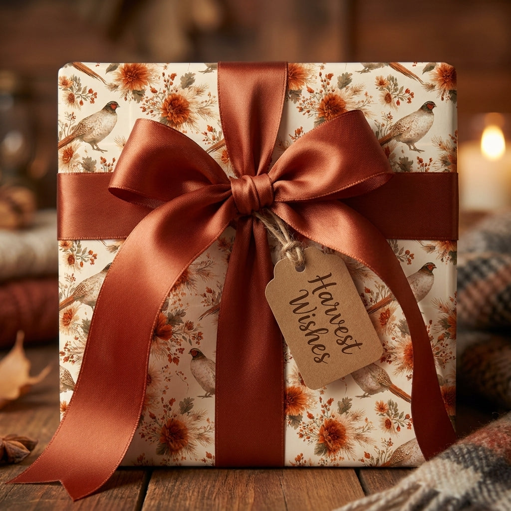 Rustic Thanksgiving wrapping paper with a pheasant pattern and copper satin ribbon by Wrapped Studios.