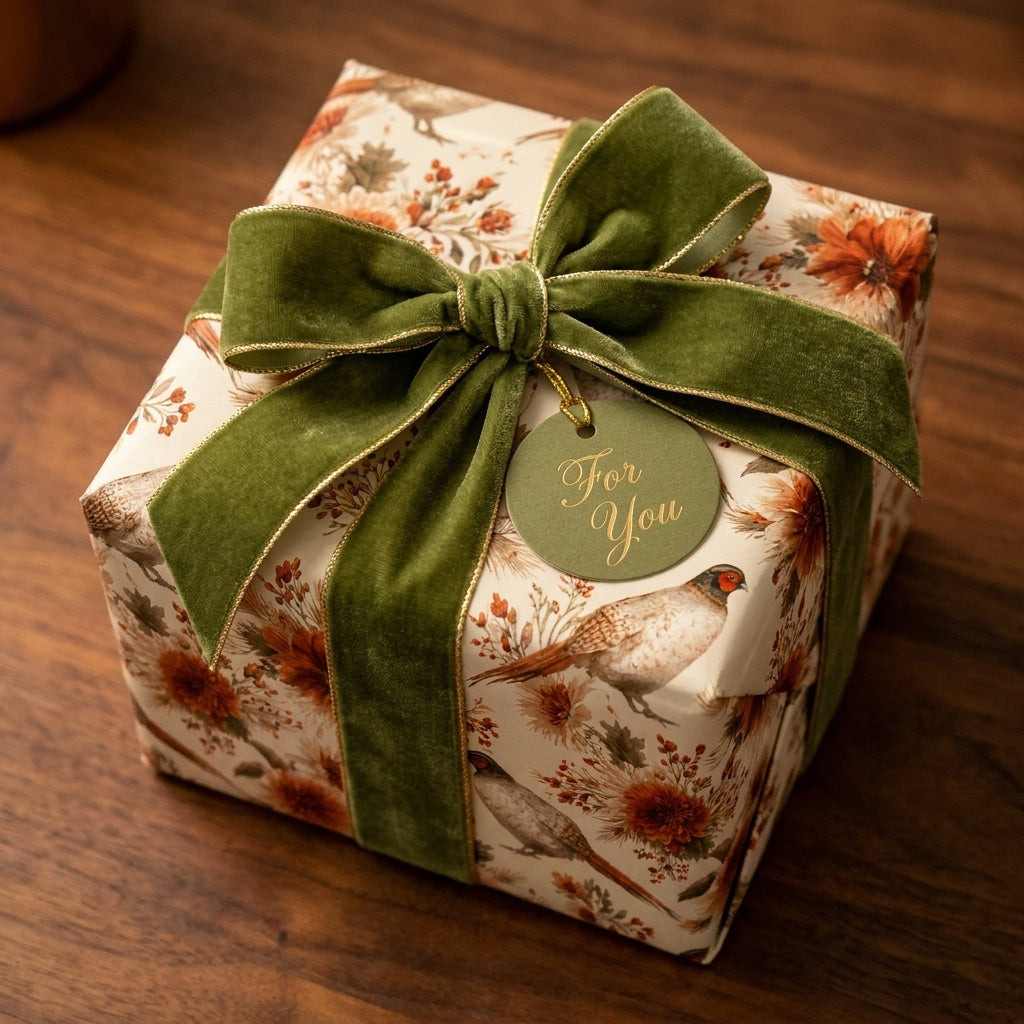 Vintage pheasant wrapping paper with a green velvet bow on a luxury gift box, by Wrapped Studios.