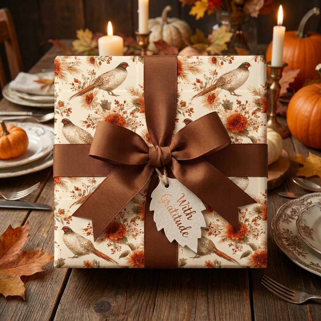 Rustic pheasant autumn wrapping paper with a brown ribbon on a Thanksgiving table by Wrapped Studios.