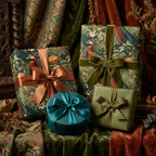 Elegant gifts wrapped in vintage floral wrapping paper with bird motif and velvet ribbon.