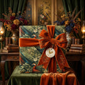 Elegant gift wrapped in botanical peacock print paper with an oversized, embroidered rust-colored velvet bow.