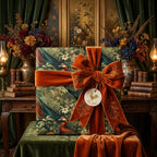 Elegant gift wrapped in botanical peacock print paper with an oversized, embroidered rust-colored velvet bow.