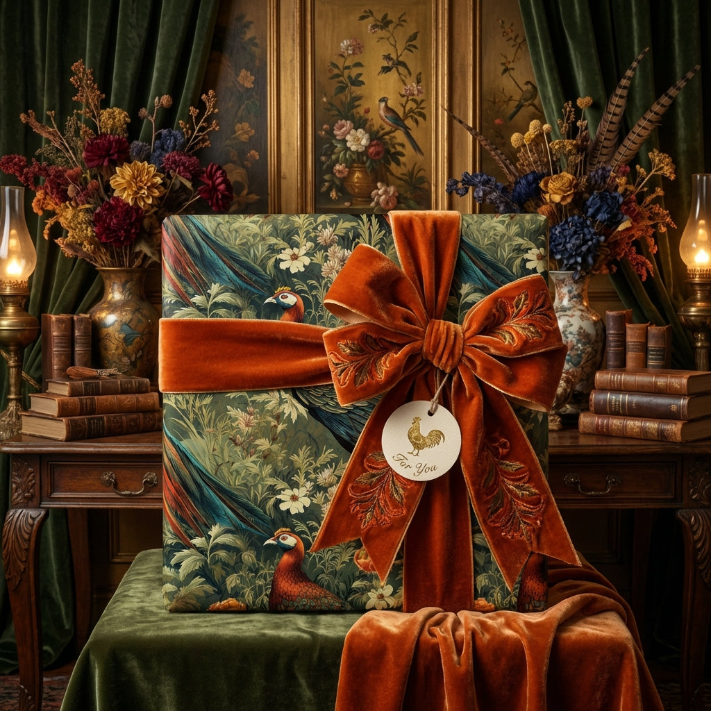 Elegant gift wrapped in botanical peacock print paper with an oversized, embroidered rust-colored velvet bow.