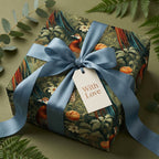 Elegant gift with bird and floral wrapping paper, soft blue ribbon, and "With Love" tag.