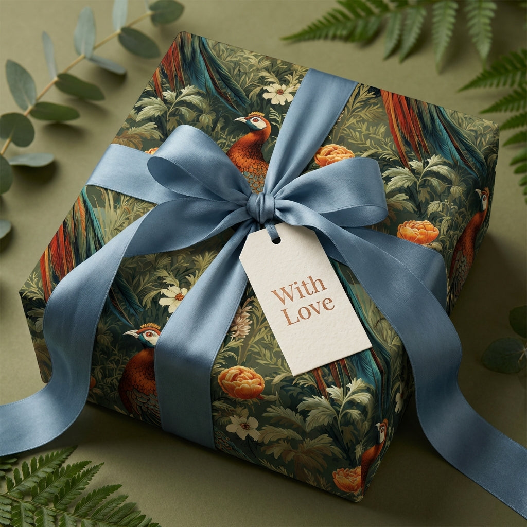 Elegant gift with bird and floral wrapping paper, soft blue ribbon, and "With Love" tag.