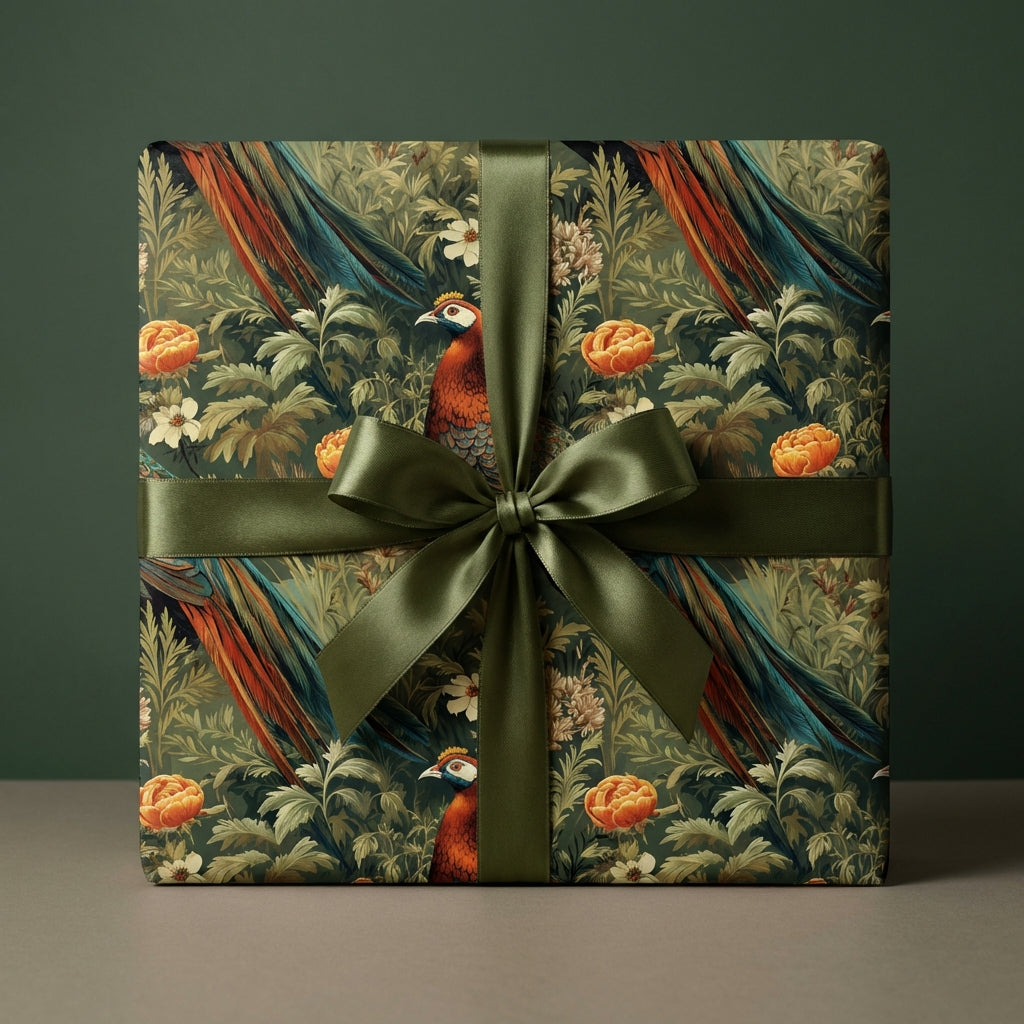 Square gift wrapped in vintage floral wrapping paper with peacock and green ribbon.