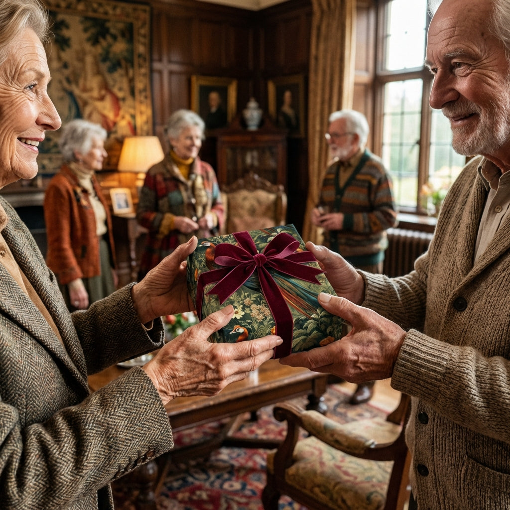 Woman receiving a gift wrapped in Wrapped Studios floral wrapping paper with a burgundy velvet bow.