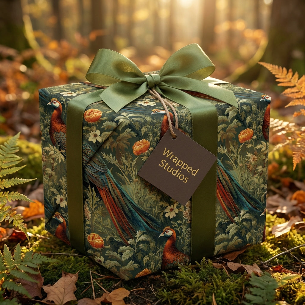 Wrapped Studios luxury gift wrap with a botanical peacock and floral pattern and sage ribbon.