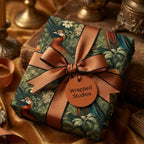 Elegant gift wrapped in Wrapped Studios peacock floral wrapping paper with a copper grosgrain ribbon.