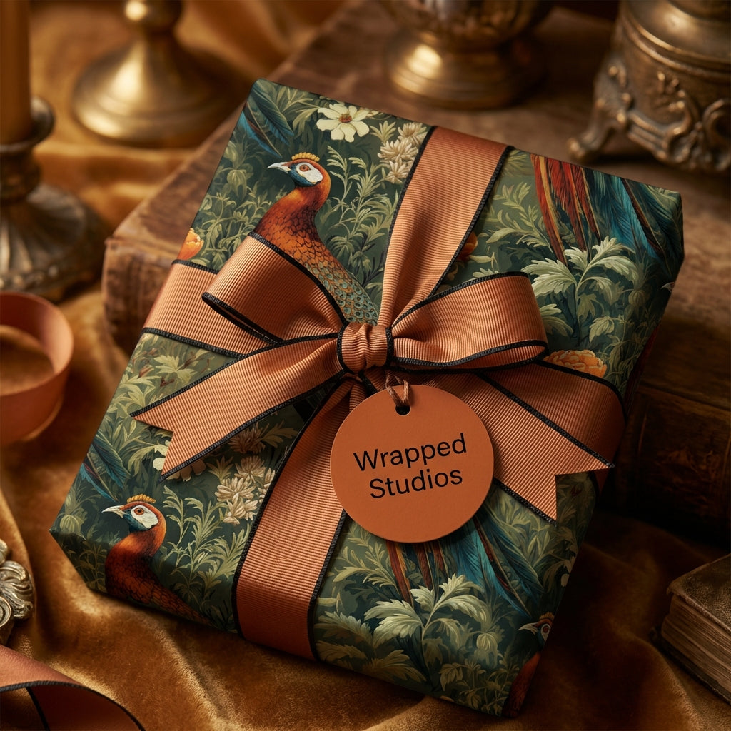 Elegant gift wrapped in Wrapped Studios peacock floral wrapping paper with a copper grosgrain ribbon.