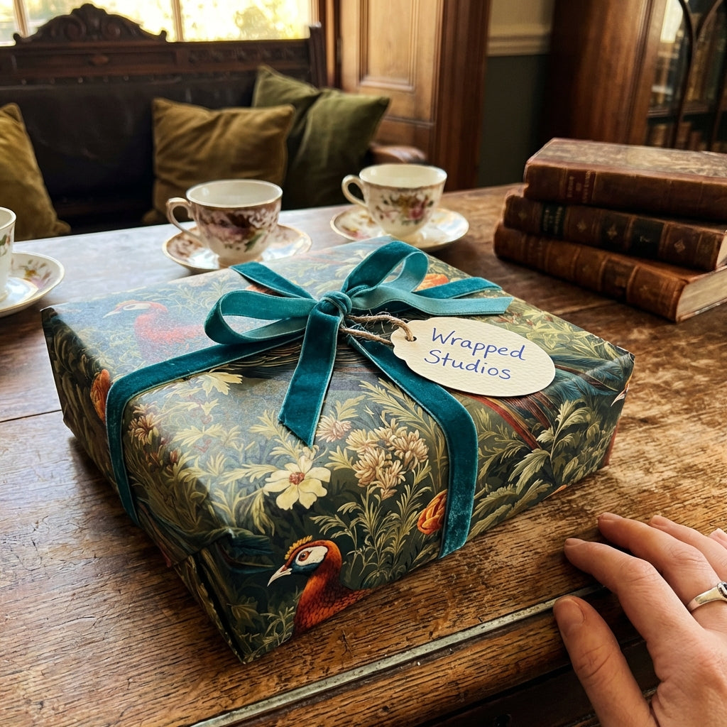 Elegant gift wrapped in floral wrapping paper from Wrapped Studios, with a teal velvet ribbon and tag.