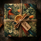 Luxury gift wrap featuring a green floral, pheasant design tied with twine, cinnamon sticks, and a Cheers tag.