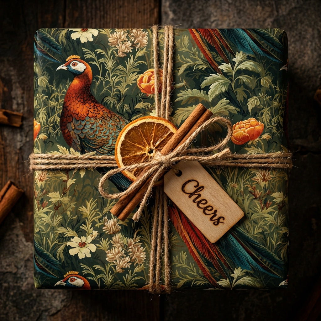 Luxury gift wrap featuring a green floral, pheasant design tied with twine, cinnamon sticks, and a Cheers tag.
