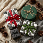 Rustic pine tree Christmas wrapping paper and green gift wrap with velvet ribbons by Wrapped Studios.