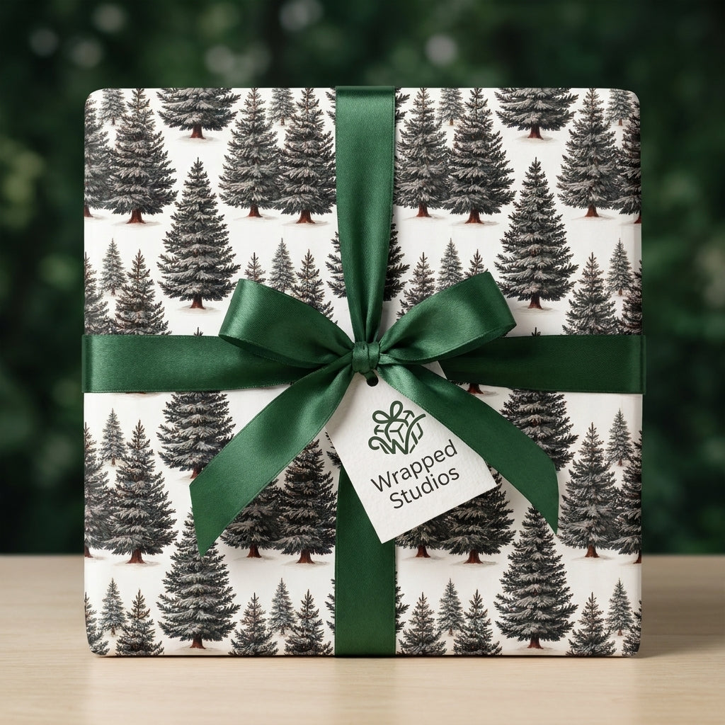 Pine tree Christmas wrapping paper with green ribbon, rustic holiday gift wrap by Wrapped Studios.